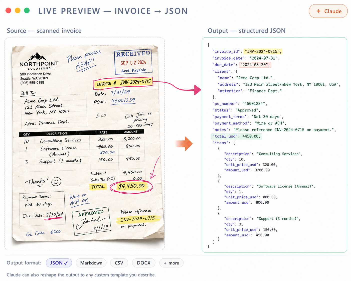 Scan Hero transforming a scanned invoice into clean structured data with Claude